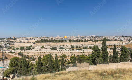 Jerusalem old city viewed from the Mount of Olives, Jerusalem, Israel. Temple Mount and Dome of the Rock can be seen.