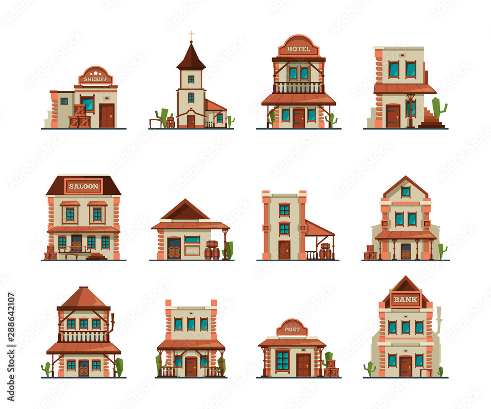 Western constructions. Old wild west town store saloon cowboy bar vector building in cartoon style. Country american building in wild west style illustration