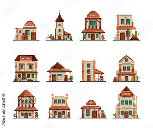 Western constructions. Old wild west town store saloon cowboy bar vector building in cartoon style. Country american building in wild west style illustration