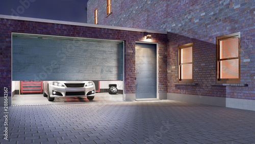 Garage entrance with open sectional doors. 3d illustration