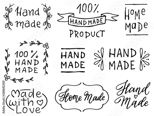 Set of hand drawn simple phrases home made and hand made. Prints for menu, restaurants or cafe, stamps or as separate elements. Ink, pen outline, black and white vectors. photo