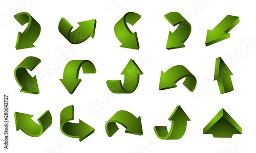 3D green arrows set. Vector recycling arrows isolated on white background. Illustration arrow recycle, green recycling ecological, turning bent movement