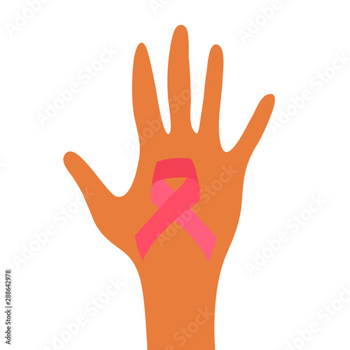 Cancer ribbon in girls hand. Cancer awareness month. Vector illustration.