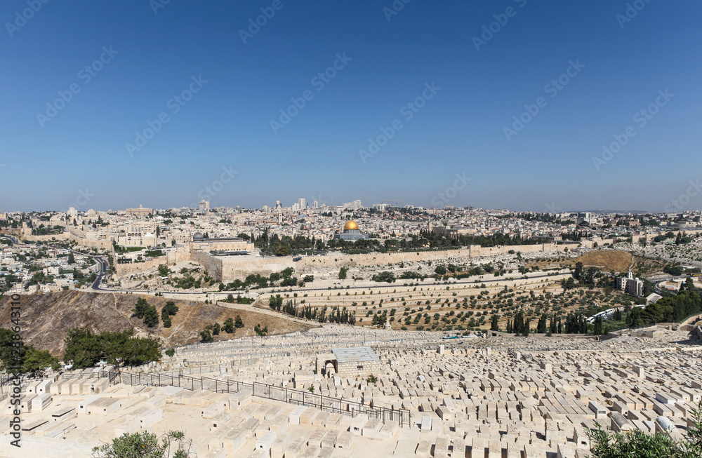 Jerusalem old city viewed from the Mount of Olives, Jerusalem. Temple Mount and Dome of the Rock can be seen.