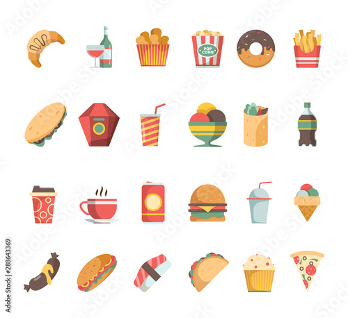 Fast food icons. Junk food sandwich hamburger coffee fried potatoes beverage vector flat pictures. Illustration hamburger and sandwich, burger and drink beverage, coffee and meal