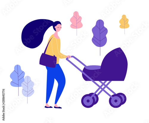 Woman with pram walking on the street. Flat cartoon character isolated on white background. Vector illustration.