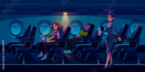 Passengers in night airplane cabin. Man sleep in plane, freelancer girl work on laptop stewardess carry water bottle. Traveling people sleeping and working during flight Cartoon vector illustration