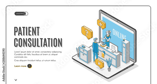Clinic or doctor private practice patient, medical service client, healthcare program recipient professional online consultation, support in Internet isometric vector web banner, landing page template
