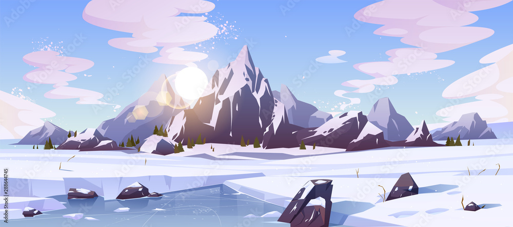 Cold winter in Canada, wild northern nature rocky landscape cartoon vector background with morning sun rising over mountains snowy peaks, field of snow, frozen, ice-bound river or lake illustration - obrazy, fototapety, plakaty 