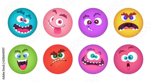 Monsters faces. Cartoon monster avatars vector set. Strange alien face, demon creature illustration