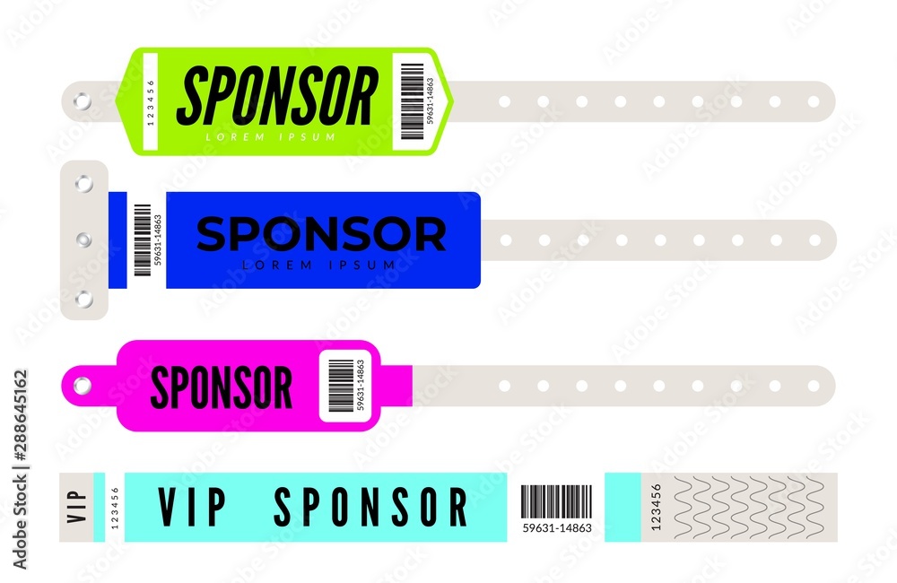 Events bracelets. Vector mockup entrance sponsor id bracelets