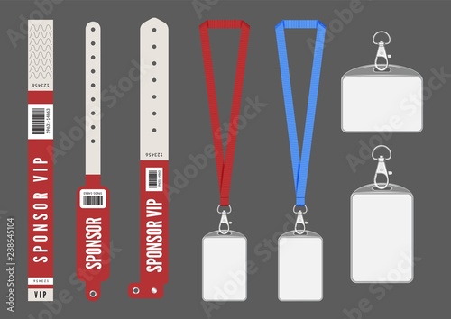 Badge mockup. Red cards lanyard bracelets for ID. Vector entrance keys for events. Identity card authentication, organization backstage to conference pass illustration