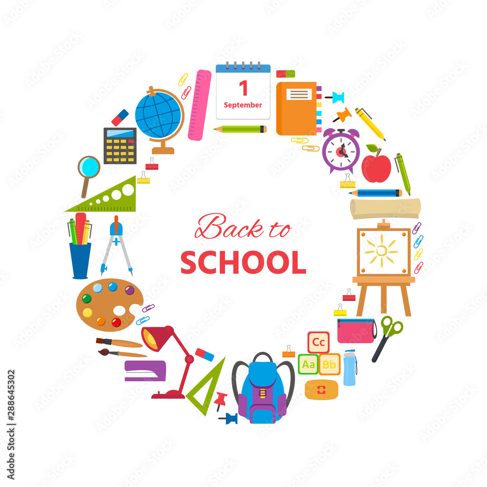 Set of school supplies and elements. Back to school concept. Vector illustration can use print templates and leaflets with stationery equipment. School and education cards, posters or banners