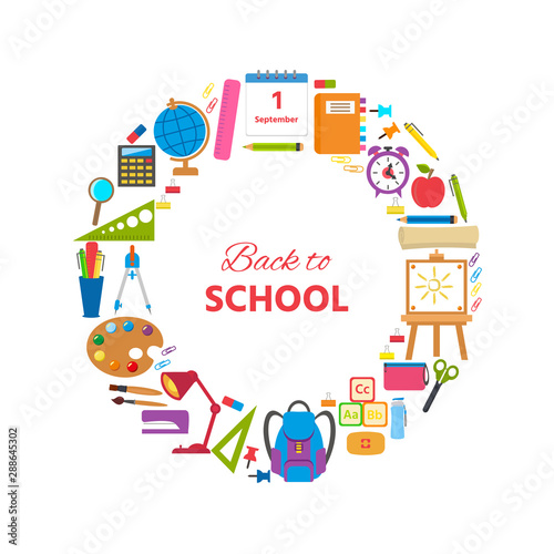 Set of school supplies and elements. Back to school concept. Vector illustration can use print templates and leaflets with stationery equipment. School and education cards  posters or banners
