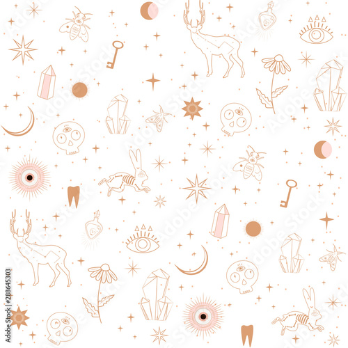 Seamless pattern with Astrology, esoteric  and Space concept with animals, space objects, crystals. Minimalistic objects made in the style of one line. Editable vector illustration.