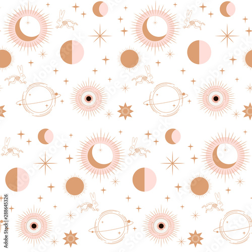 Seamless pattern with Astrology and Space concept. Minimalistic objects made in the style of one line. Editable vector illustration.