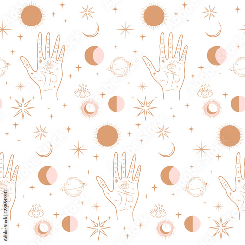 Seamless pattern with Astrology, esoteric  and Space concept. Minimalistic objects made in the style of one line. Editable vector illustration.