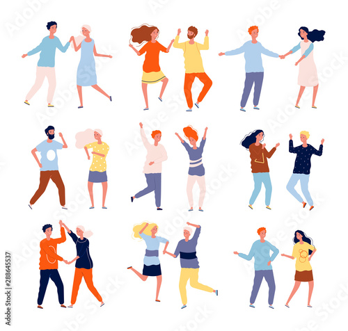 Dancing couples. Funny people male and female crowd dancing tango salsa chacha vector happy characters collection. Woman and man happy dance together, disco party illustration