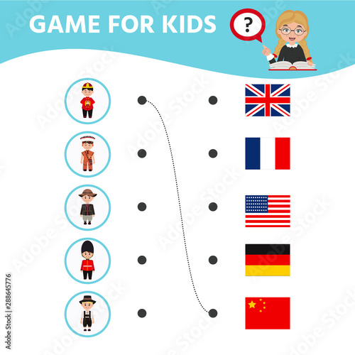 Education game for children.  Match of national costumes and flags. Activity sheet for pre sсhool years kids.