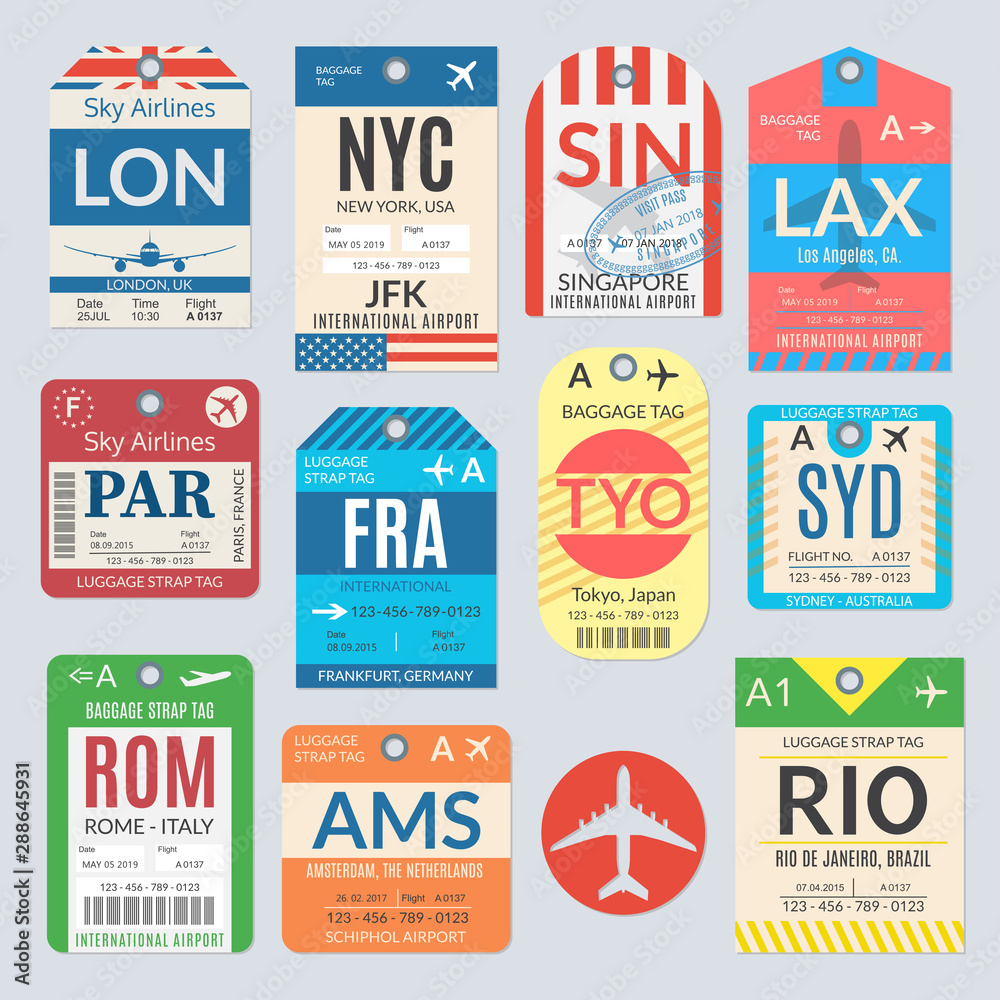 Luggage tag set. Airport baggage tickets. Travel labels. Vector