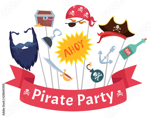 Party mask. Pirate hats beard hairs hook bandanas mascarade costumes vector collection. Mask photobooth, beard pirate, saber and hat illustration