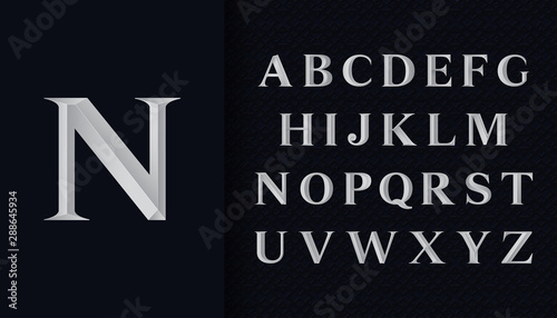 Set of Elegant Alphabet Serif Font. Silver Uppercase Letters. Alphabet capital letter in 3D style. Metal Chrome Font. Exclusive colored effect designs for Logo, Poster, Invitation, Headline.