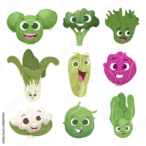 Cabbage characters. Vegetable comic persons with eyes and smile face eco green food mascot vector collection. Illustration cabbage and organic broccoli, vegetable delicious character