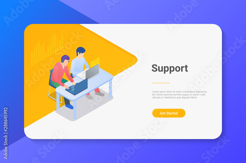 People Men sitting at Table with Laptop Notebook Isometric flat illustration. Online support concept.