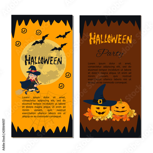 Happy Halloween. Halloween party. Two horizontal vector banners. Party Decor in Traditional Colors. Design for holiday poster