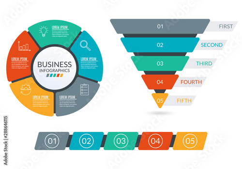 Infographic design elements with circle diagram, Sales and marketing funnel or Business pyramid, Timeline infographics with 5 steps option or levels. Vector illustration.
