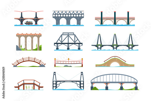 Bridges. Wooden iron aqueduc with column modern architectural objects vector bridge in flat style. Illustration architecture bridge, landmark structure building