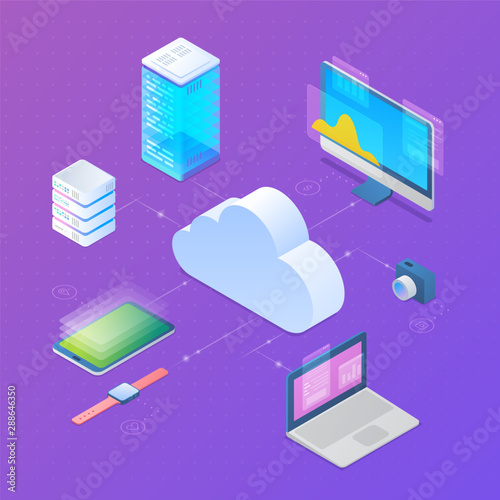 Cloud computing storage server sync technology Isometric Flat vector illustration. Connect to Cloud server with Mobile phone Laptop Computer.