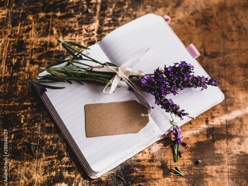 Frischer Lavendel und Ettikett auf einem offenen Tagebuch, Flat lay photo