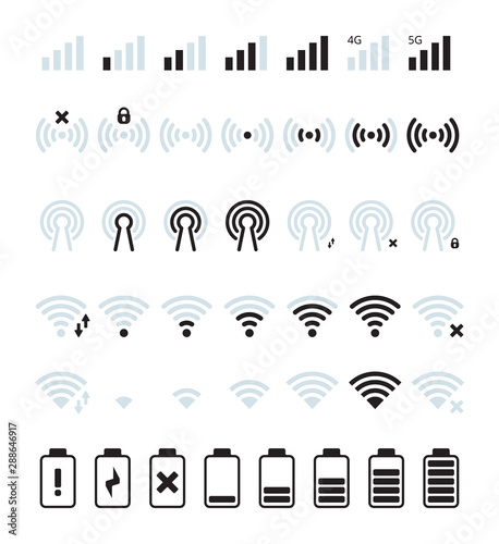 Phone mobile signal. Wifi and mobile status bar connection icon gsm batteries level vector pictures. Illustration battery and signal, wifi, mobile phone status