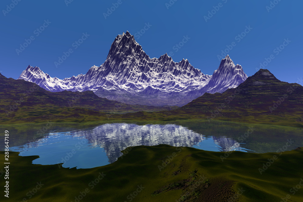 Mountain, an alpine landscape, snow on the peaks, grass on the ground and reflection in the water of the lake.