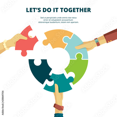 Puzzle in hand. Business concept man put piece of jigsaw together finish work final project good partners vector puzzle background. Illustration jigsaw, support together, piece puzzle connection