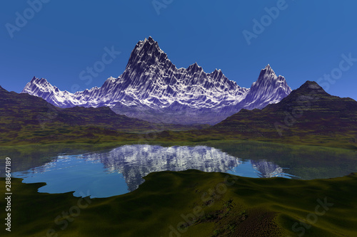 Mountain  an alpine landscape  snow on the peaks  grass on the ground and reflection in the water of the lake.