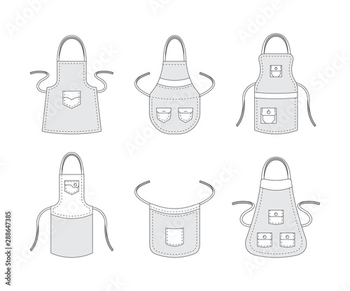 Kitchen aprons. Professional clothes for cook preparing food accessories aprons with pockets vector template collection. Illustration protective apron, uniform to cooking