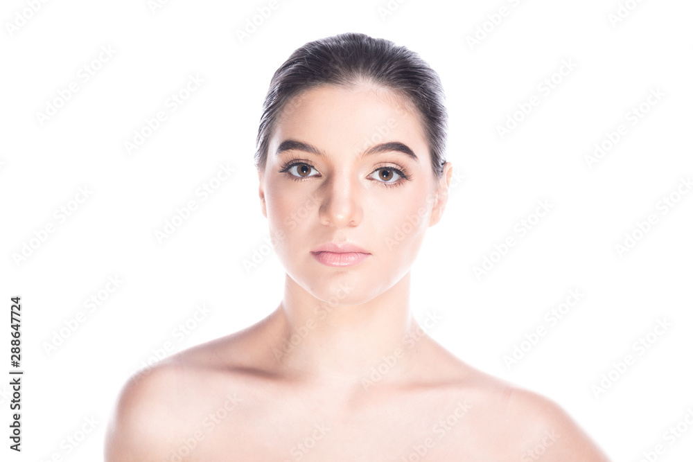 Beauty woman face isolate in white background. Young caucasian girl, perfect skin, nude, message, spa, beauty treatment concept. Looking at camera. Beauty woman face isolate in white background. Young caucasian girl, perfect skin, nude, message, spa, beauty treatment concept. Looking at camera.