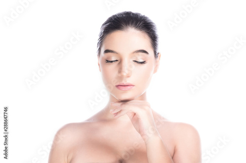 Beauty woman face isolate in white background. Young caucasian girl, perfect skin, nude, message, spa, beauty treatment concept. Close eyes.