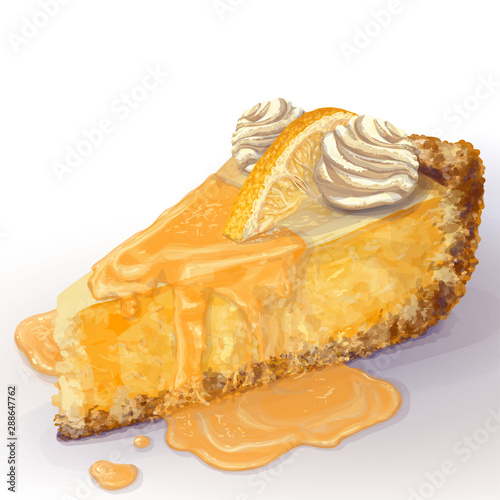 Vector piece of cheesecake with airy and tender, delicate creamy-curd cheese. Crisp and crumble cake with back, appetizing, realistic, homemade cakes, with orange, ice cream, orange wet jam. Healthy