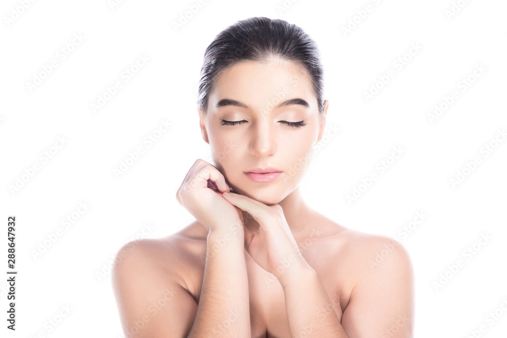 Beauty woman face isolate in white background. Young caucasian girl, perfect skin, nude, message, spa, beauty treatment concept. Hand below jaw, eye close. Beauty woman face isolate in white background. Young caucasian girl, perfect skin, nude, message, spa, beauty treatment concept. Hand below jaw, eye close.