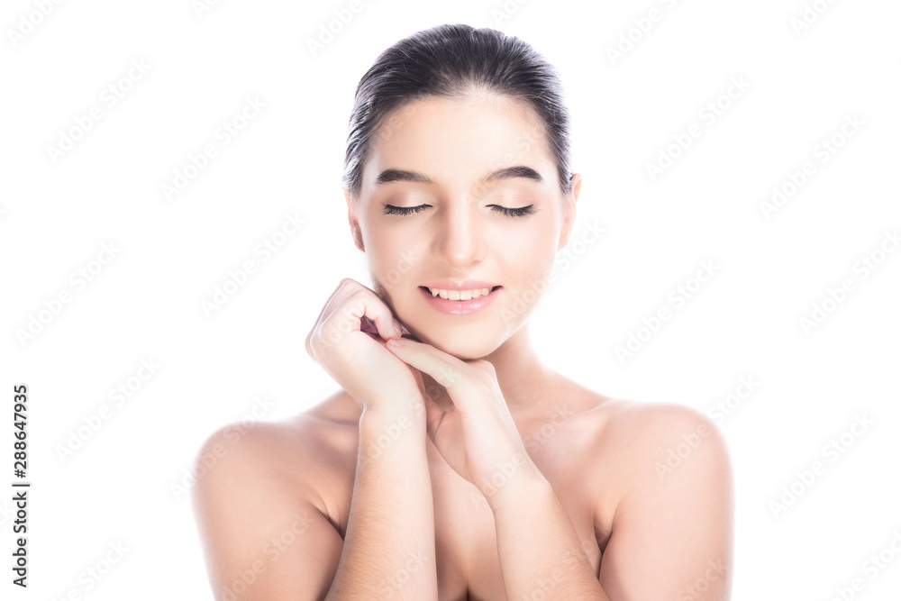 Beauty woman face isolate in white background. Young caucasian girl, perfect skin, nude, message, spa, beauty treatment concept. Hand below jaw, close eye, big smile. Beauty woman face isolate in white background. Young caucasian girl, perfect skin, nude, message, spa, beauty treatment concept. Hand below jaw, close eye, big smile.