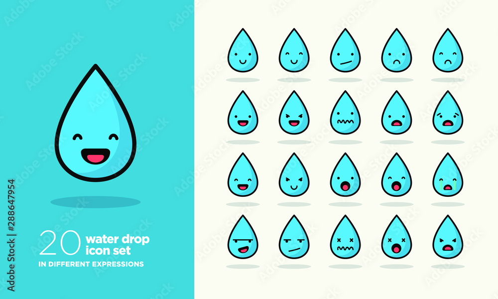 Set of Cute Water Drop Emoji Line Icons In Different Expressions Stock
