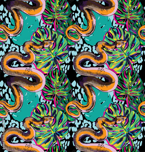 Stylish pattern with snakes. Tropics, jungle. Exotic background with a boa constrictor.
