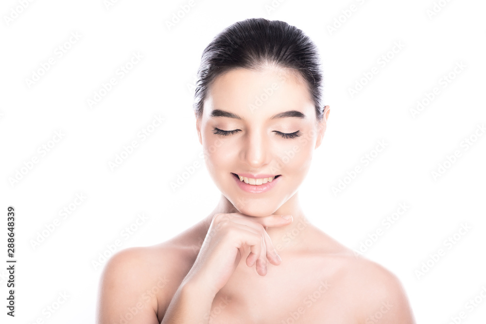 Beauty woman face isolate in white background. Young caucasian girl, perfect skin, cosmetic, spa, beauty treatment concept. One finger on jaw, close eyes, big smile. Beauty woman face isolate in white background. Young caucasian girl, perfect skin, cosmetic, spa, beauty treatment concept. One finger on jaw, close eyes, big smile.