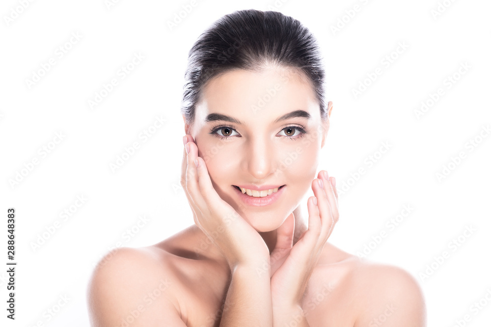Beauty woman face isolate in white background. Young caucasian girl, perfect skin, cosmetic, spa, beauty treatment concept. Two hands on jaw, big smile. Beauty woman face isolate in white background. Young caucasian girl, perfect skin, cosmetic, spa, beauty treatment concept. Two hands on jaw, big smile.
