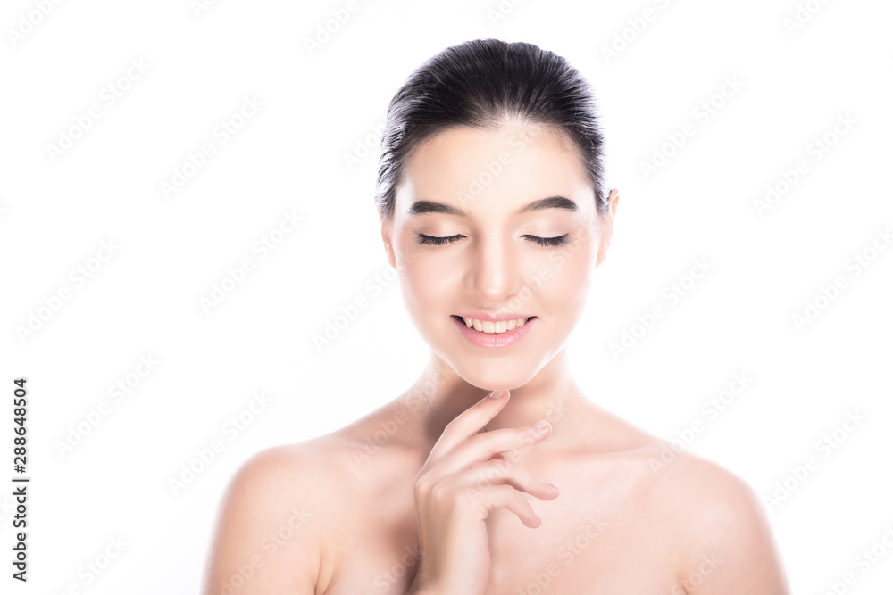 Beauty woman face isolate in white background. Young caucasian girl, perfect skin, cosmetic, spa, beauty treatment concept. One finger on chin, close eye, big smile. Beauty woman face isolate in white background. Young caucasian girl, perfect skin, cosmetic, spa, beauty treatment concept. One finger on chin, close eye, big smile.