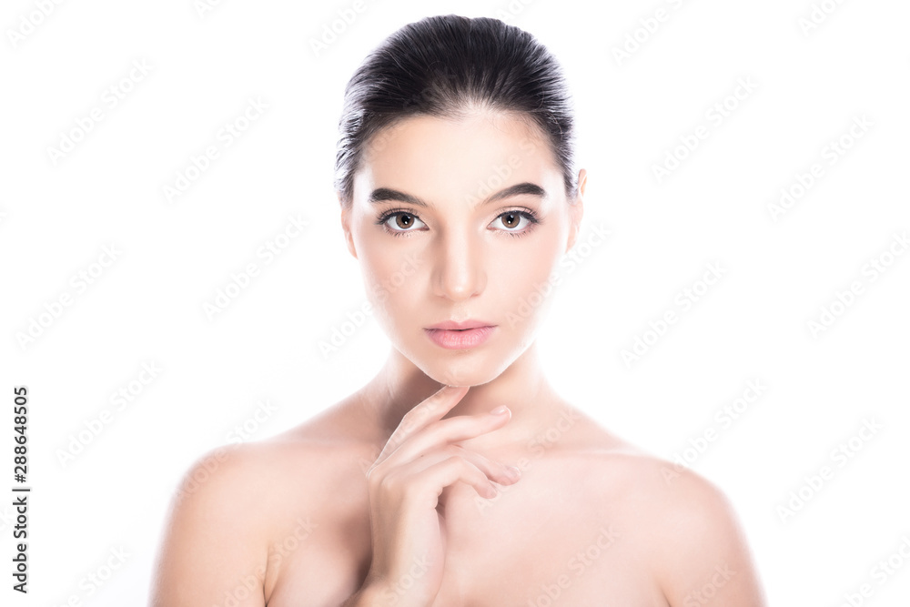 Beauty woman face isolate in white background. Young caucasian girl, perfect skin, cosmetic, spa, beauty treatment concept. One finger on chin, confident look. Beauty woman face isolate in white background. Young caucasian girl, perfect skin, cosmetic, spa, beauty treatment concept. One finger on chin, confident look.