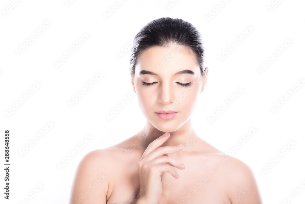 Beauty woman face isolate in white background. Young caucasian girl, perfect skin, cosmetic, spa, beauty treatment concept. One finger on chin, close eye, smile. Beauty woman face isolate in white background. Young caucasian girl, perfect skin, cosmetic, spa, beauty treatment concept. One finger on chin, close eye, smile.